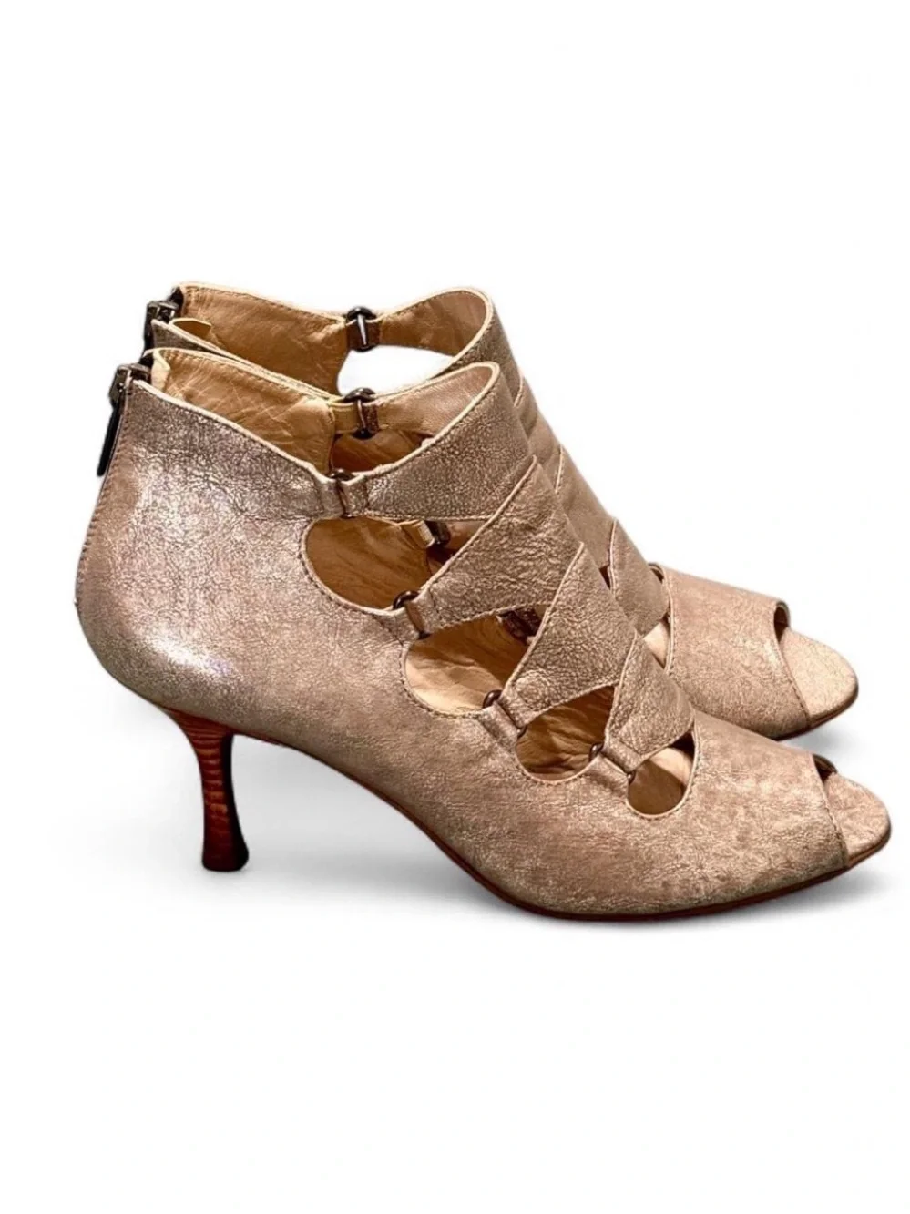 Aquatalia Metallic Leather Cutout Peep-Toe Bootie Heels – Made in Italy